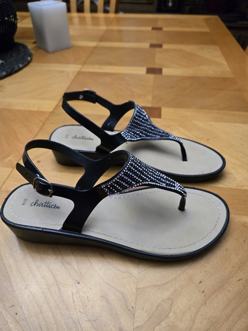 chatties Black Rhinestone T-Strap Sandals